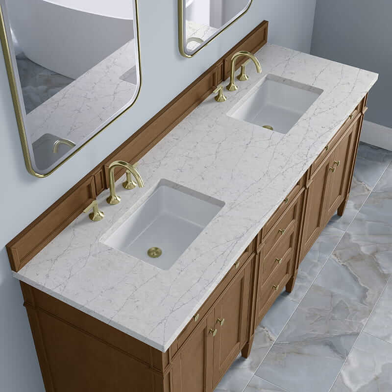 Brittany 72" Double Vanity in Pecan With Eternal Jasmine Pearl Silestone Top