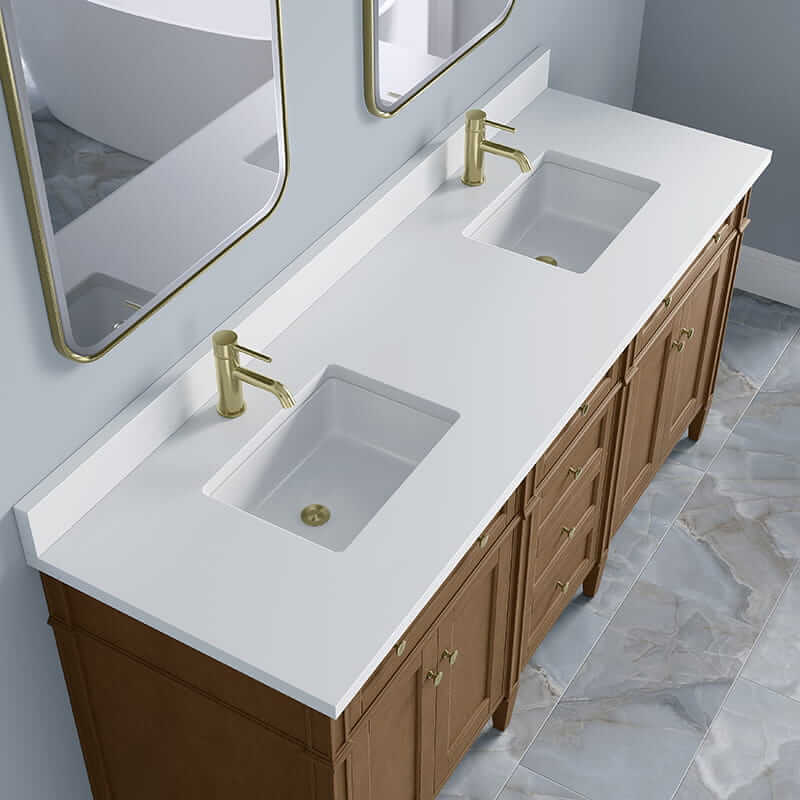 Brittany 72" Double Vanity in Pecan With Single Hole Faucet White Zeus Silestone Top Backsplash