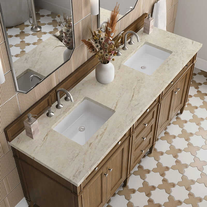 Brittany 72" Double Vanity in Saddle Brown With Tajnar Eclos Top