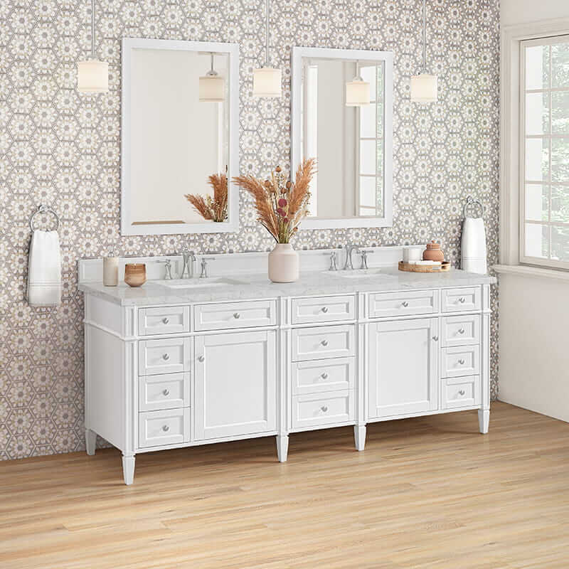 Brittany 84" Double Vanity in Bright White With Eternal Jasmine Pearl Top Corner View Lifestyle