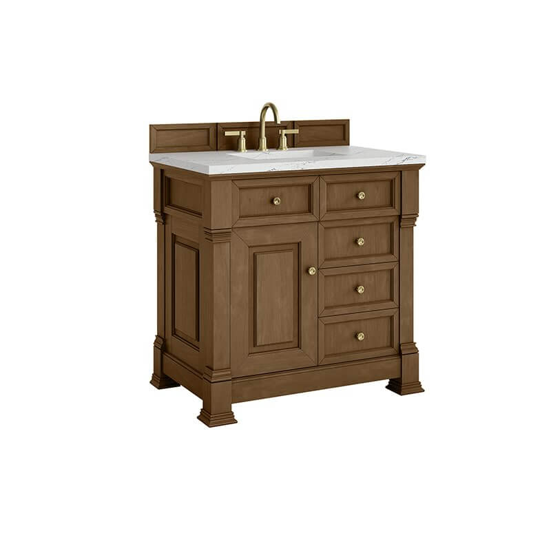 Brookfield 36 Inch Single Vanity Honey Oak Ethereal Noctis Silestone Top Close Drawers