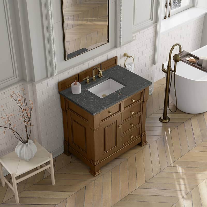 Brookfield 36 Inch Single Vanity in Honey Oak With Parisien Bleu Silestone Top