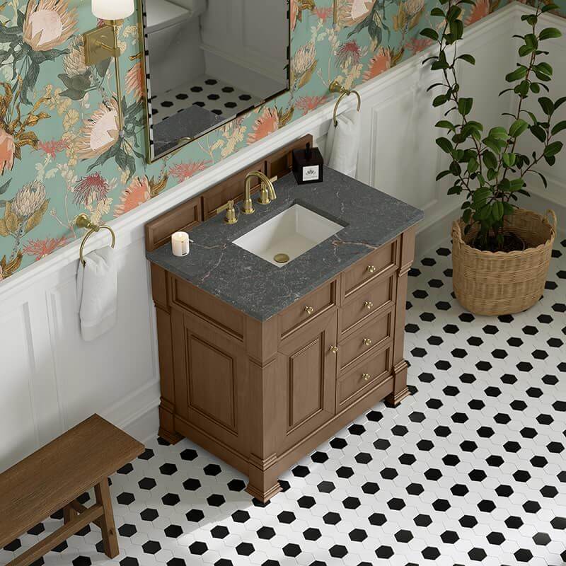 Brookfield 36 Inch Single Vanity in Pecan With Parisien Bleu Silestone Top