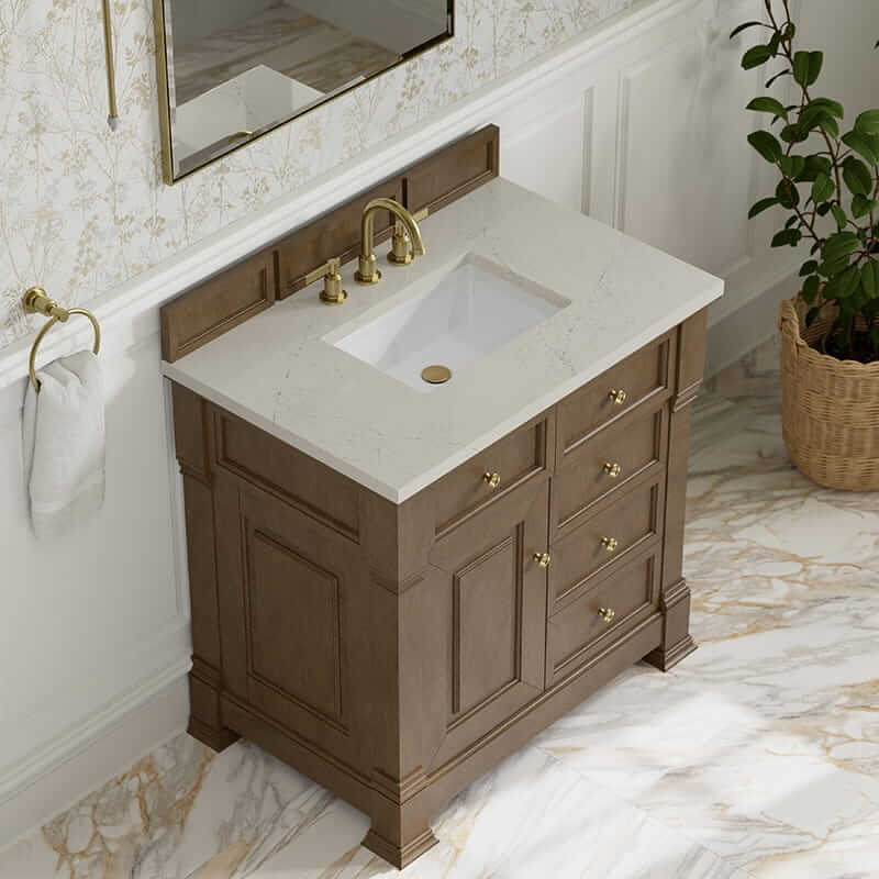 Brookfield 36 Inch Single Vanity in Pecan With Siberian Silestone Top