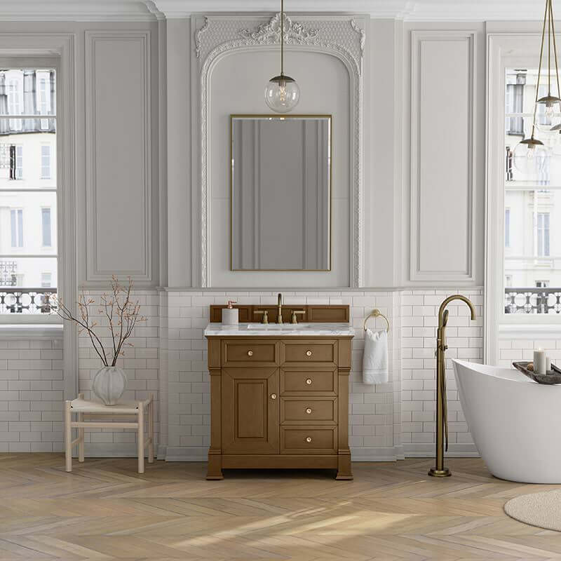 Brookfield 36" Single Vanity Honey Oak Carrara White Marble Top Front View