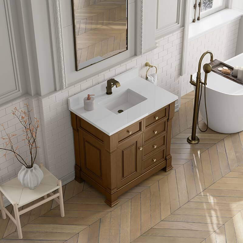 Brookfield 36" Single Vanity in Honey Oak With Single Hole Faucet White Zeus Silestone Top Backsplash