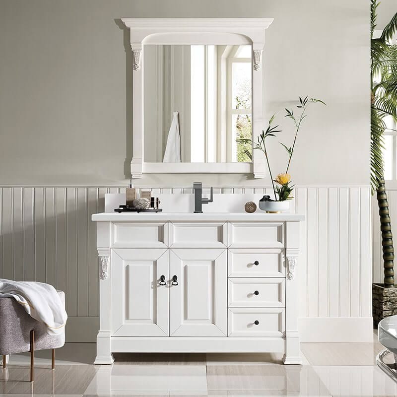 Brookfield 48 Inch Single Vanity in Bright White With Single Hole Faucet White Zeus Silestone Top & Backsplash