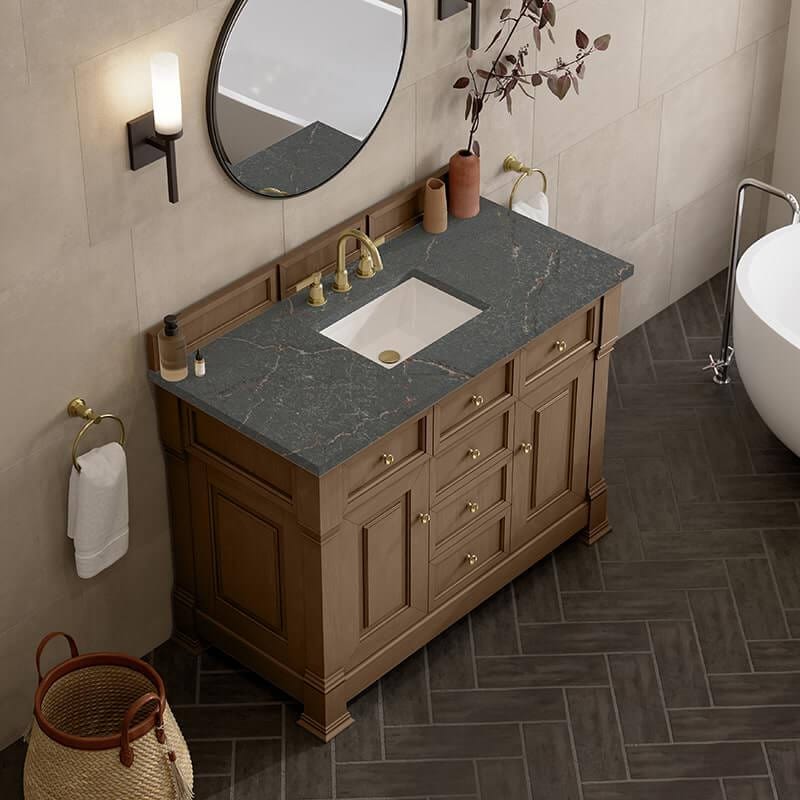 Brookfield 48 Inch Single Vanity in Pecan With Parisien Bleu Silestone Top