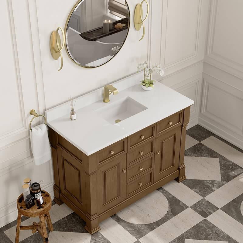 Brookfield 48" Single Vanity in Honey Oak With Single Hole Faucet White Zeus Silestone Top Backsplash