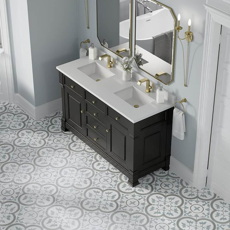 Brookfield 60" Double Vanity Black Onyx With Single Hole Faucet White Zeus Silestone Top & Backsplash