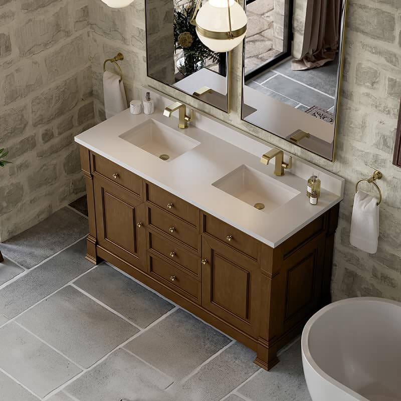 Brookfield 60" Double Vanity Honey Oak With Single Hole Faucet White Zeus Silestone Top & Backsplash