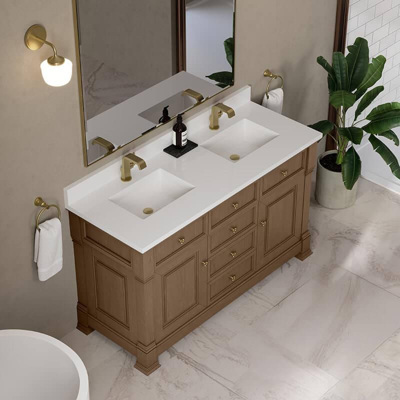 Brookfield 60" Double Vanity Pecan With Single Hole Faucet White Zeus Silestone Top & Backsplash