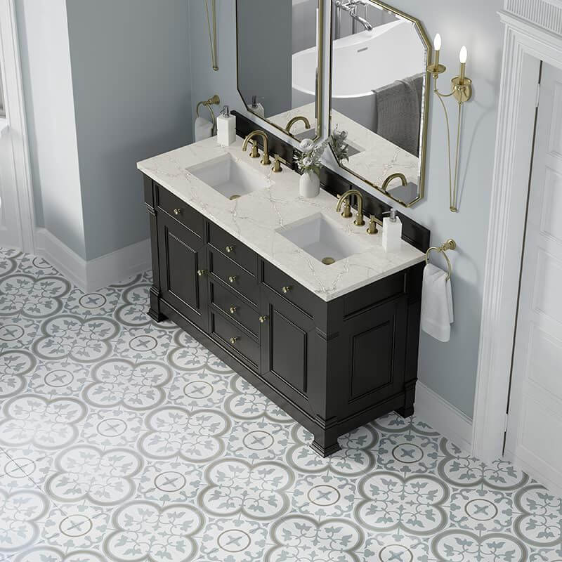 Brookfield 60 Inch Double Vanity Black Onyx With Victorian Silver Silestone Top