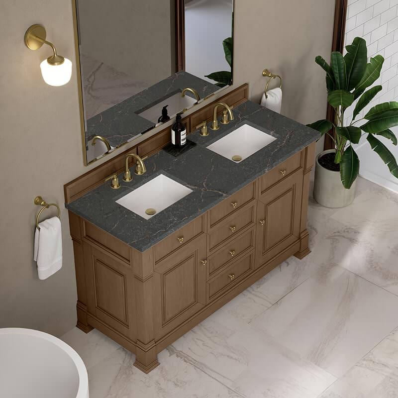 Brookfield 60 Inch Double Vanity Pecan With Parisien Bleu Silestone Top