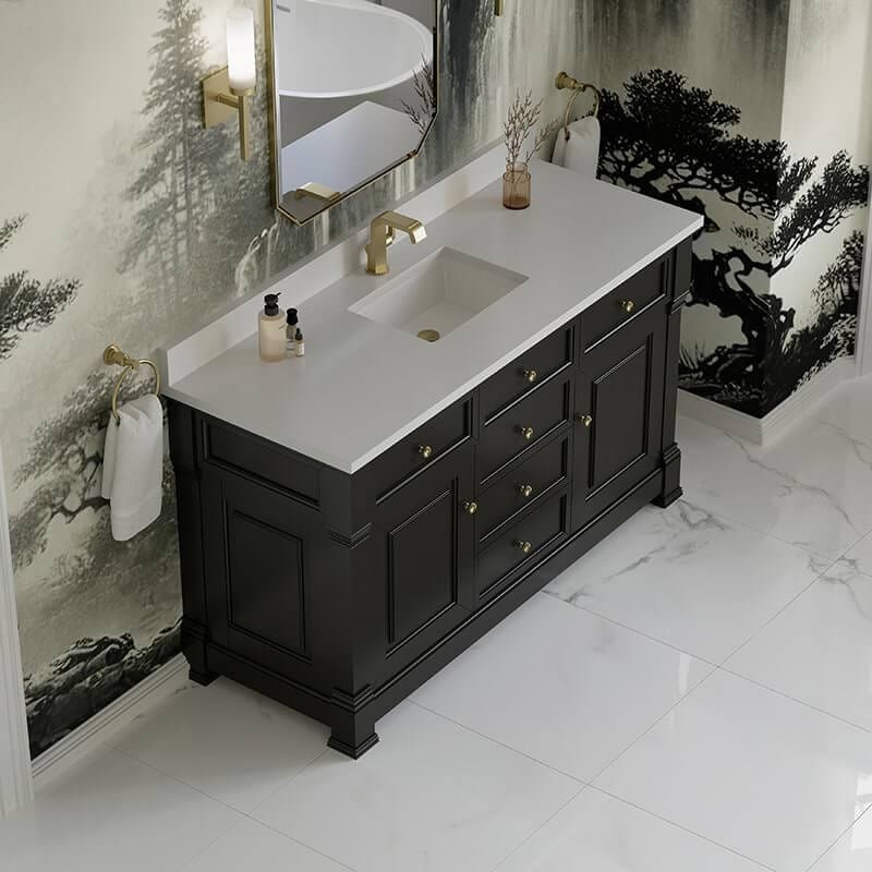 Brookfield 60" Single Vanity Black Onyx With Single Hole Faucet White Zeus Silestone Top & Backsplash