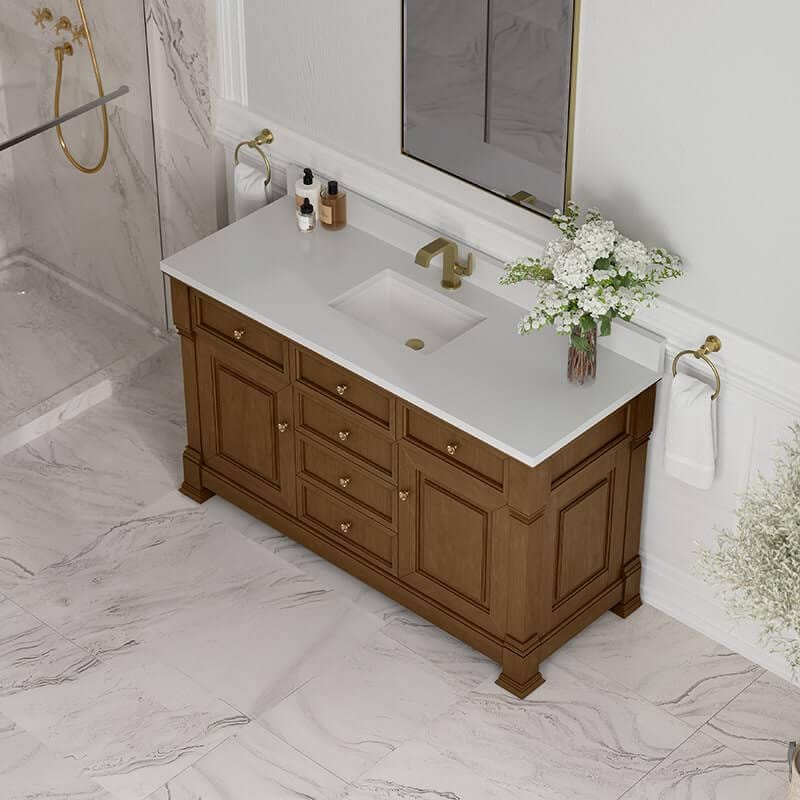 Brookfield 60" Single Vanity Honey Oak With Single Hole Faucet White Zeus Silestone Top & Backsplash
