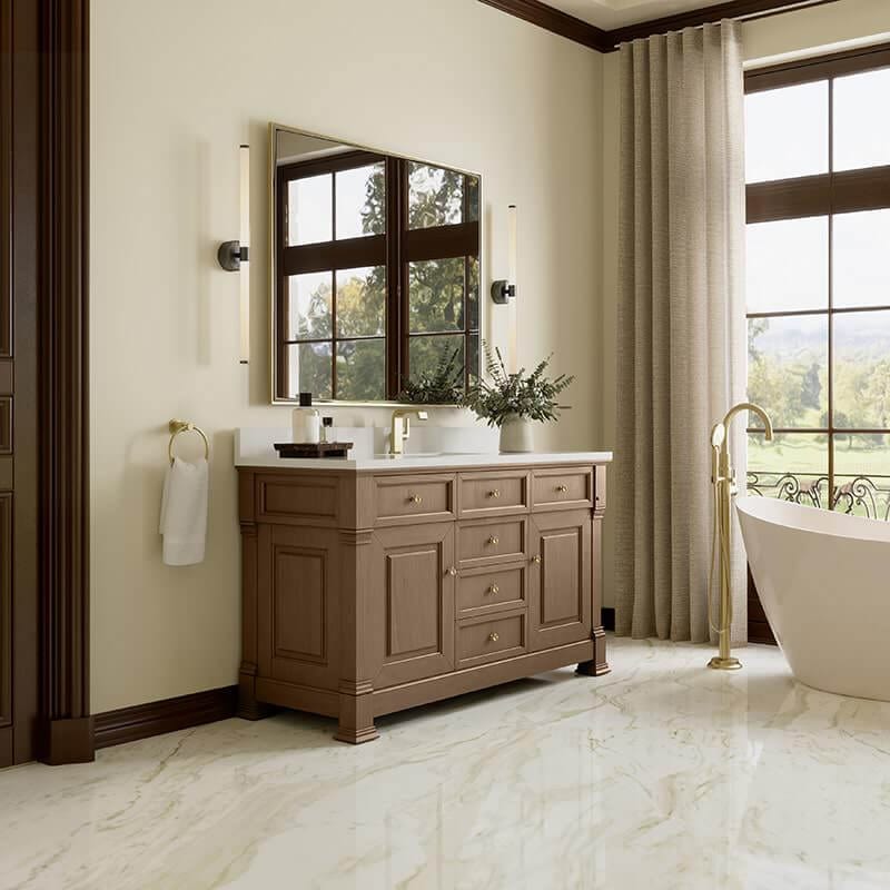 Brookfield 60" Single Vanity Pecan With Single Hole Faucet White Zeus Silestone Top & Backsplash