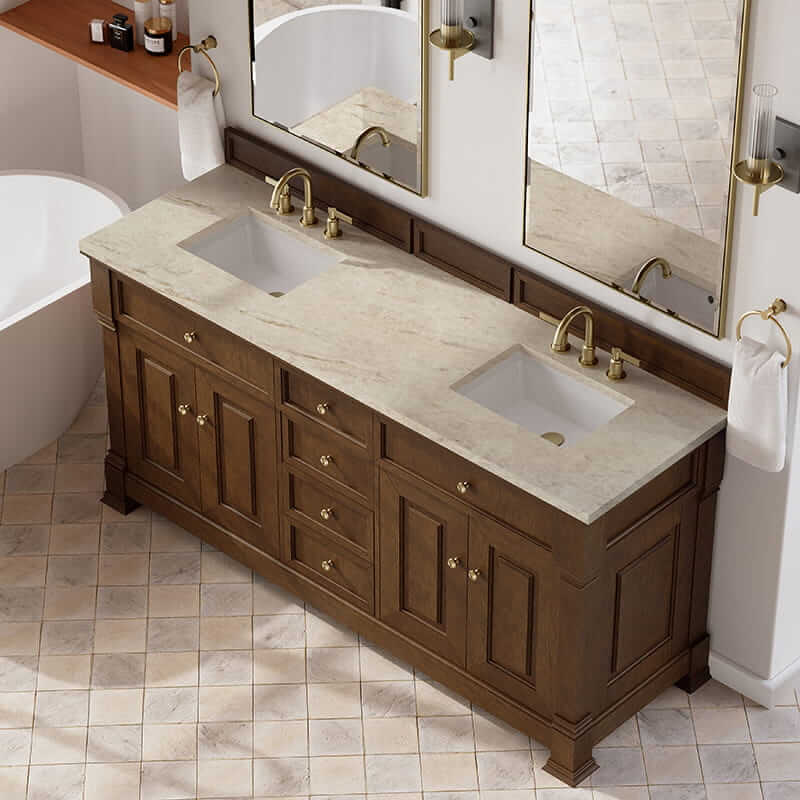 Brookfield 72 Inch Double Vanity in Honey Oak With Tajnar Eclos Top