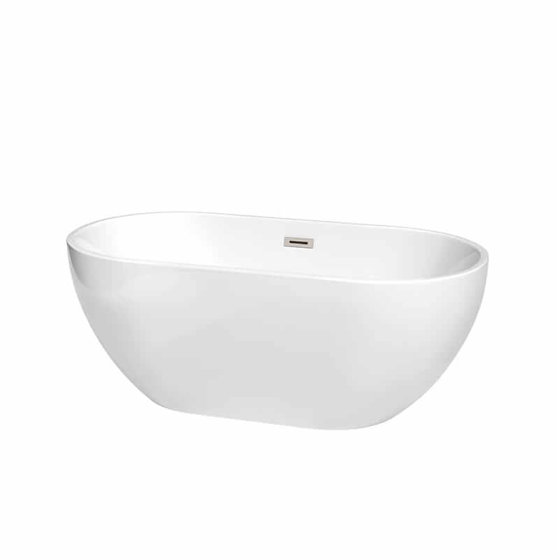 Brooklyn 60" Freestanding Acrylic White Bathtub With Brushed Nickel Trim No Faucet Top Front View