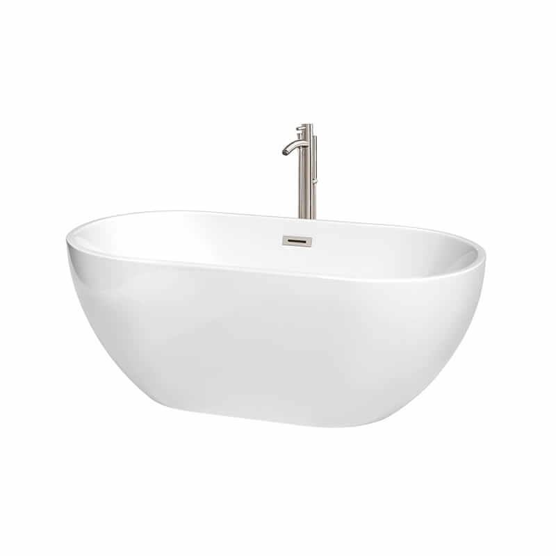 Brooklyn 60" Freestanding Acrylic White Bathtub With Brushed Nickel Trim Top Front View