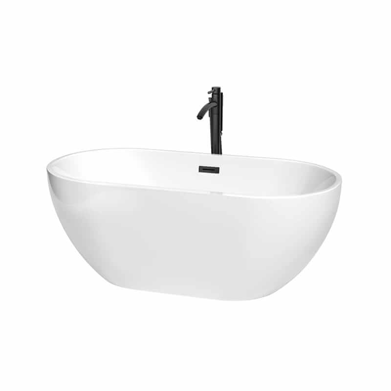 Brooklyn 60" Freestanding Acrylic White Bathtub With Matte Black Trim Top Front View