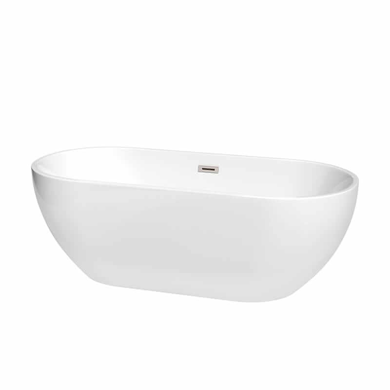 Brooklyn 67" Freestanding Acrylic White Bathtub With Brushed Nickel Trim No Faucet Top Front View