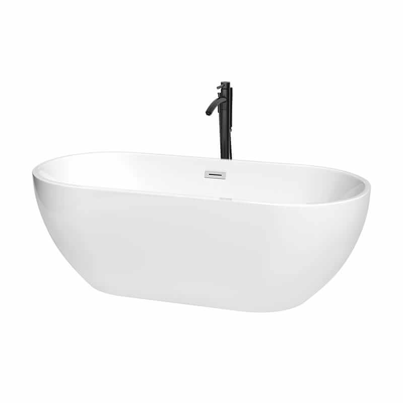 Brooklyn 67" Freestanding Acrylic White Bathtub With Polished Chrome Trim and Matte Black Faucet Top Front View