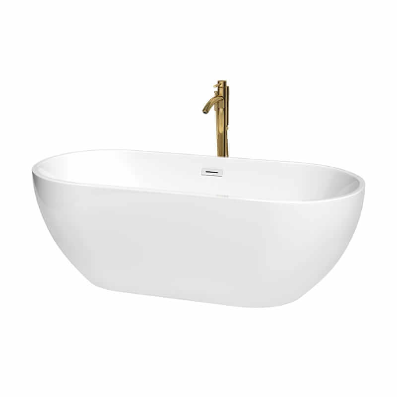 Brooklyn 67" Freestanding Acrylic White Bathtub With Shiny White Trim and Brushed Gold Faucet Top Front View