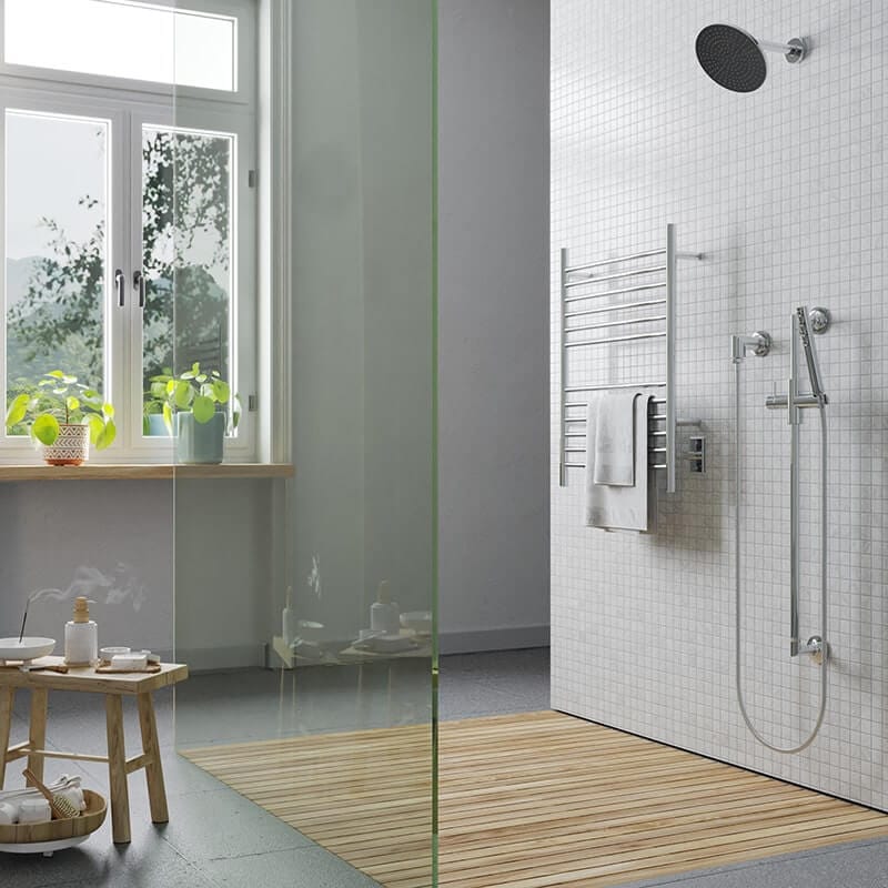 Cape Model 2332 12 Straight Bar Hardwired Towel Warmer in Polished Stainless in Shower Room