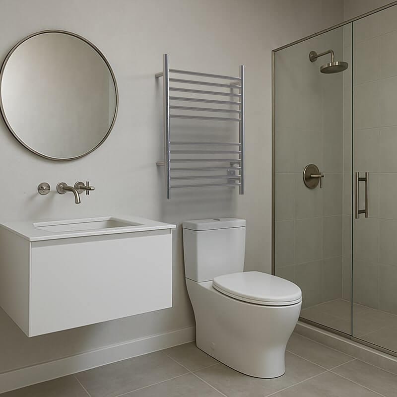 Cape Model 2332 Towel Warmer in Brushed Stainless Mounted Above Toilet