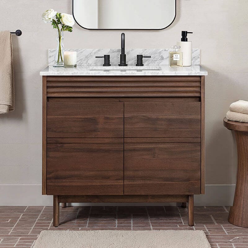 Carina 36 inch Single Vanity Coffee Teak in Carrara White Marble Front View