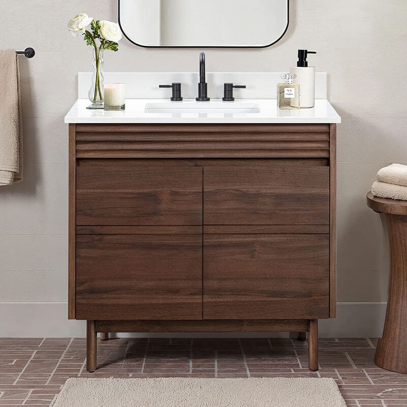 Carina 36 inch Single Vanity Coffee Teak in White Engineered Stone Front View
