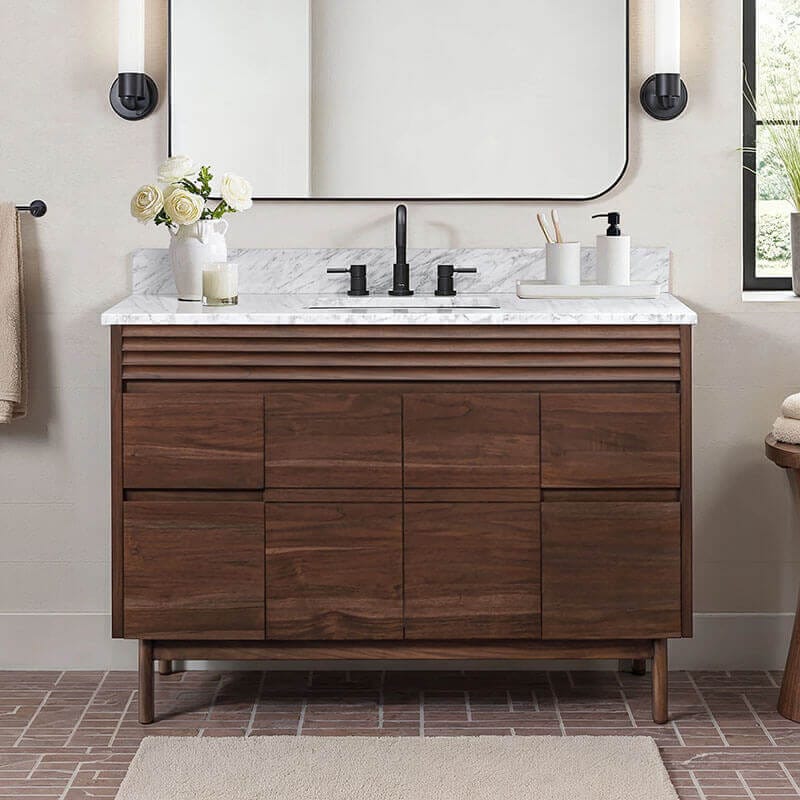 Carina 48 inch Single Vanity Coffee Teak in Carrara White Marble Front View