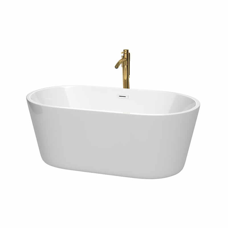 Carissa 60" Freestanding Acrylic White Bathtub Shiny White Trim and Brushed Gold Faucet Top Front View