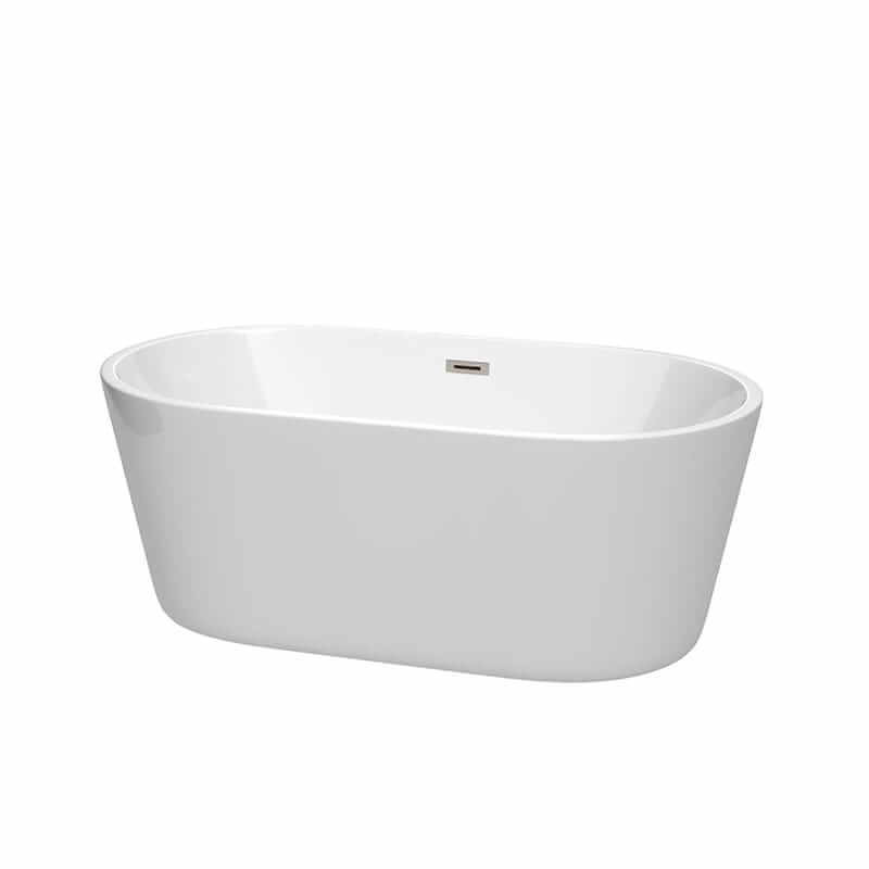 Carissa 60" Freestanding Acrylic White Bathtub With Brushed Nickel Trim No Faucet Top Front View