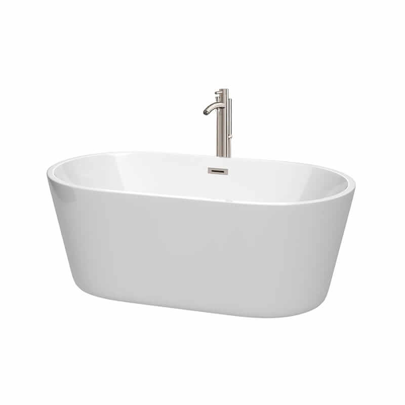 Carissa 60" Freestanding Acrylic White Bathtub With Brushed Nickel Trim Top Front View