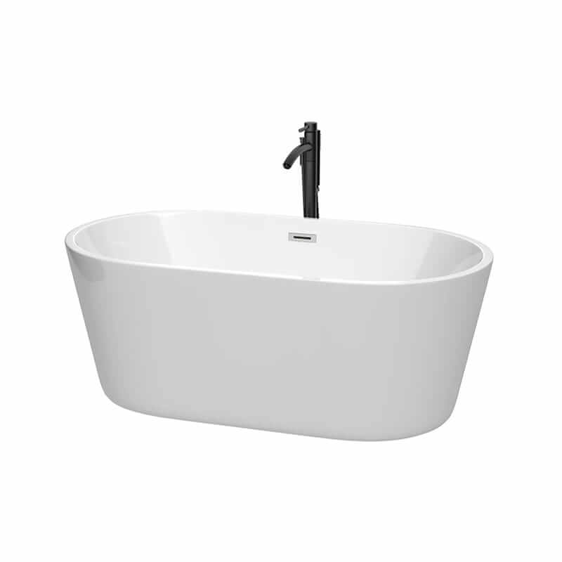 Carissa 60" Freestanding Acrylic White Bathtub With Polished Chrome Trim and Matte Black Faucet Top Front View