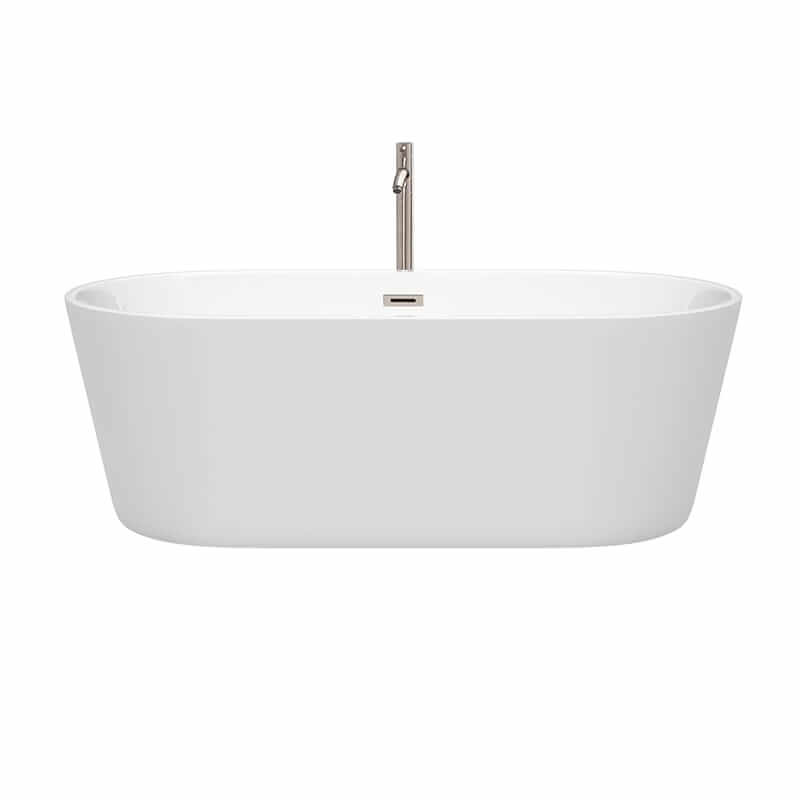 Carissa 67" CD Freestanding Acrylic White Bathtub With Brushed Nickel Trim Front View