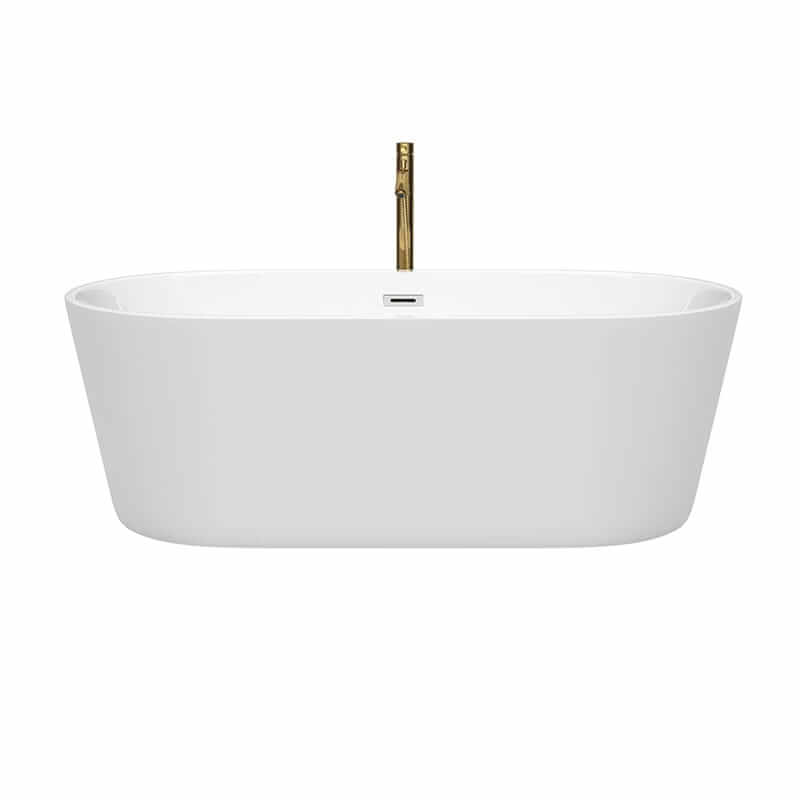 Carissa 67" CD Freestanding Acrylic White Bathtub With Polished Chrome Trim and Brushed Gold Faucet Front View