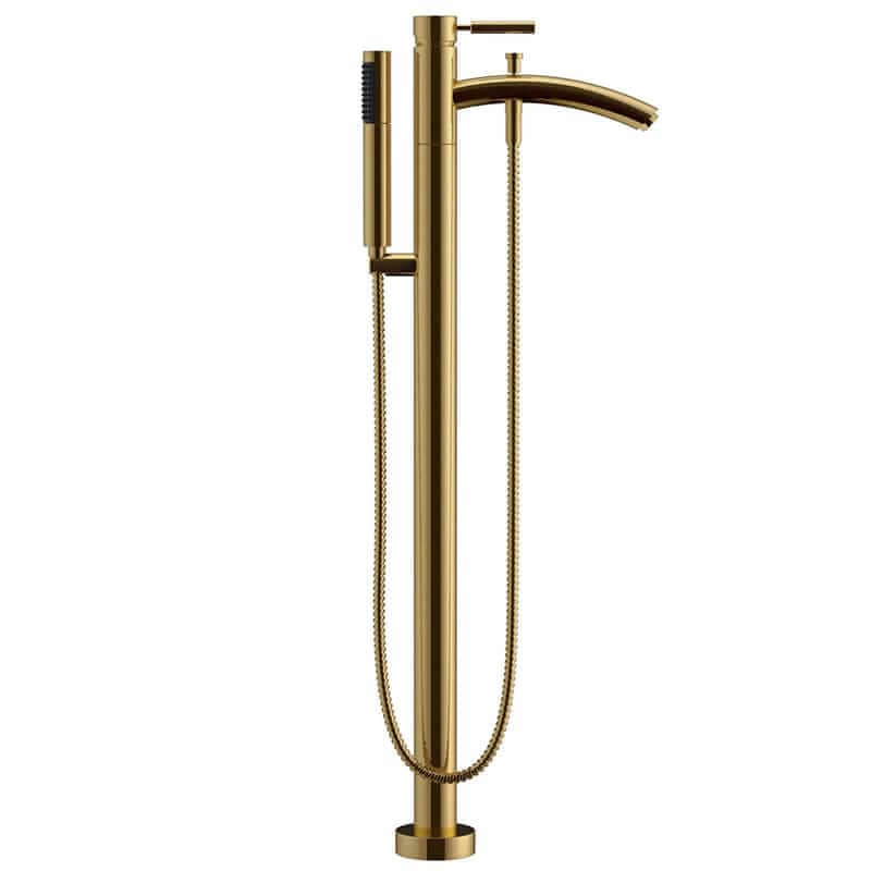 Carissa 67" CD Freestanding Acrylic White Bathtub With Shiny White Trim and Brushed Gold Faucet Up Close