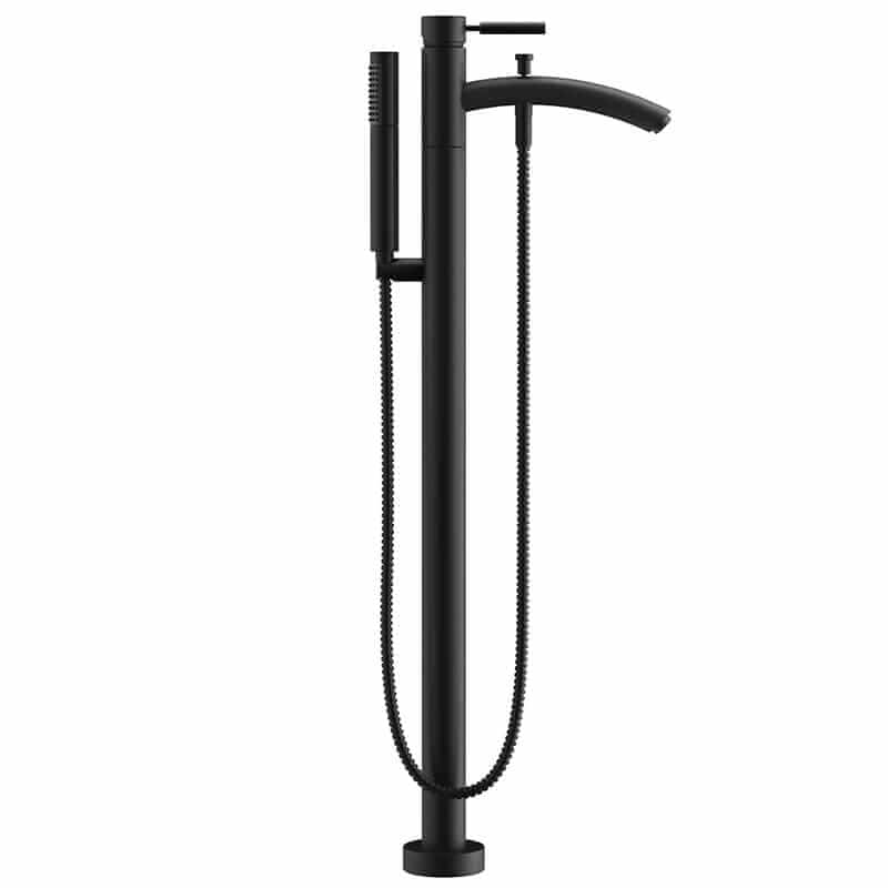 Carissa 67" CD Freestanding Acrylic White Bathtub With Shiny White Trim and Matte Black Faucet Up Close