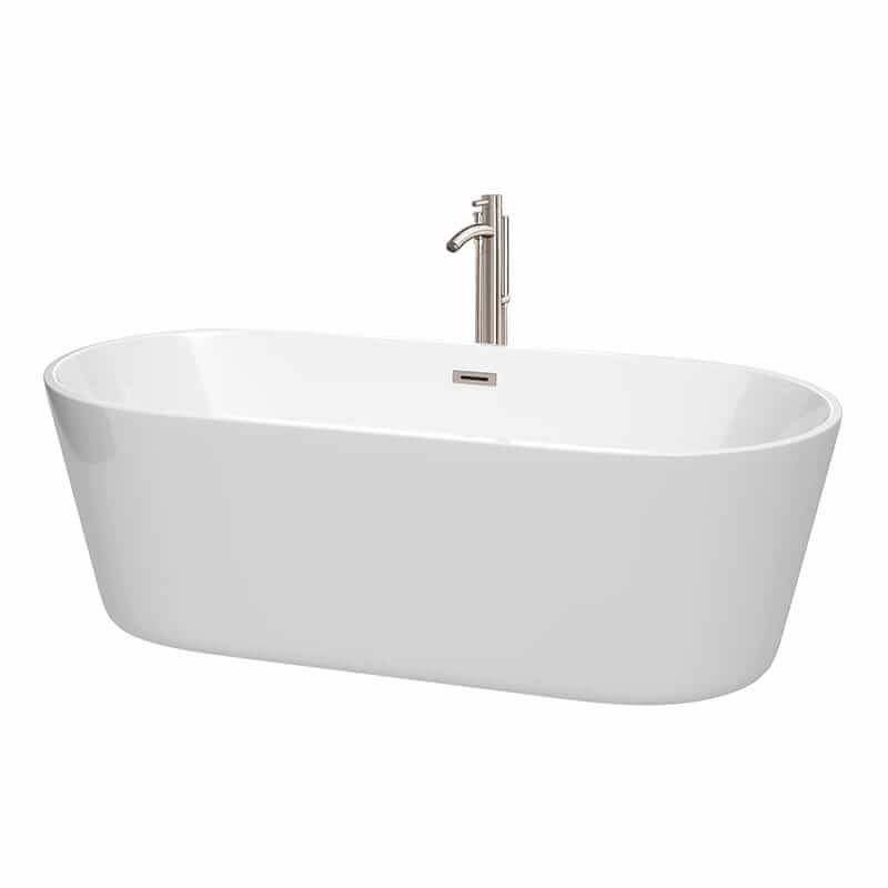 Carissa 71" Freestanding Acrylic White Bathtub With Brushed Nickel Trim Top Front View
