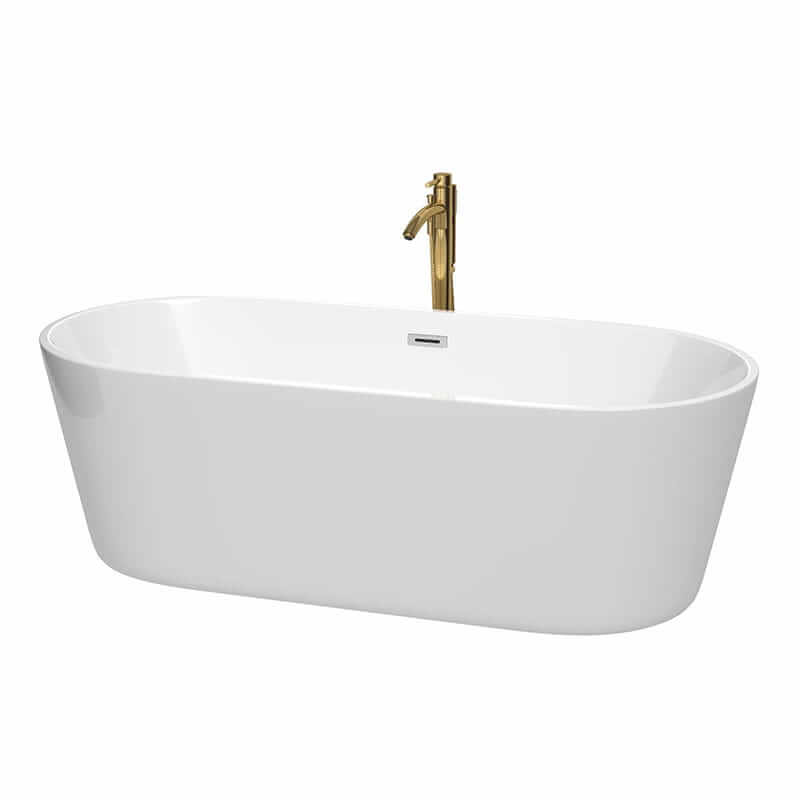 Carissa 71" Freestanding Acrylic White Bathtub With Polished Chrome Trim and Brushed Gold Faucet Top Front View