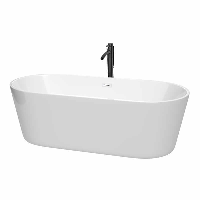 Carissa 71" Freestanding Acrylic White Bathtub With Shiny White Trim and Matte Black Faucet Top Front View