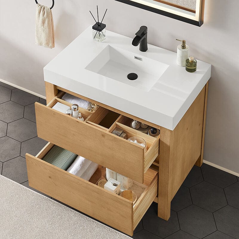 Cascadia 36 Single Bathroom Vanity with Top Weathered Fir Open Drawer