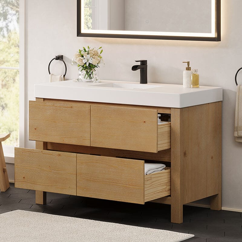 Cascadia 48 Single Bathroom Vanity with Top Weathered Fir Corner View Open Drawer