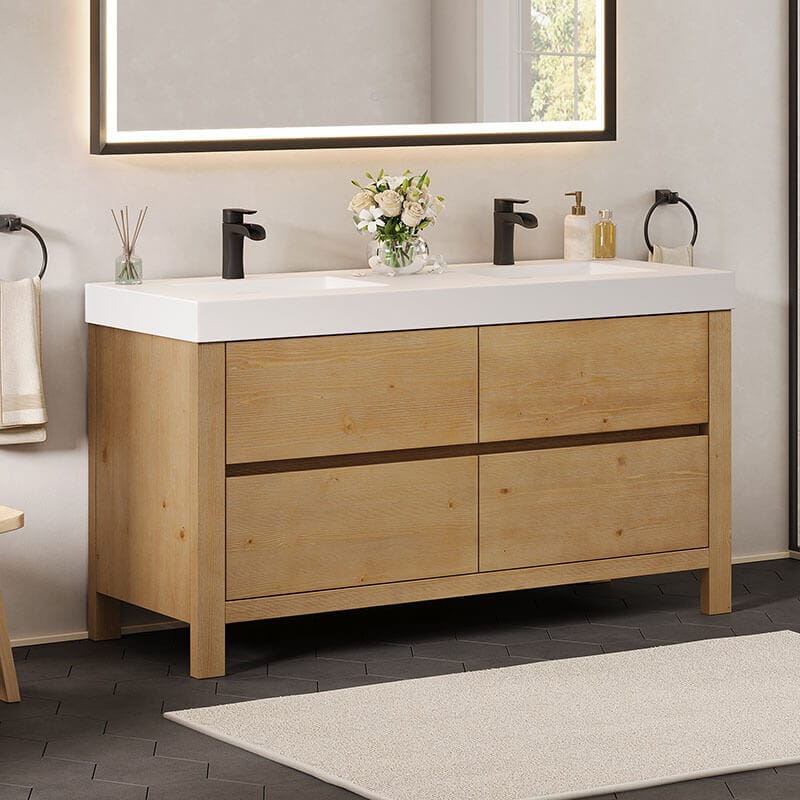 Cascadia 60 inch Double Bathroom Vanity with Top Weathered Fir Corner View