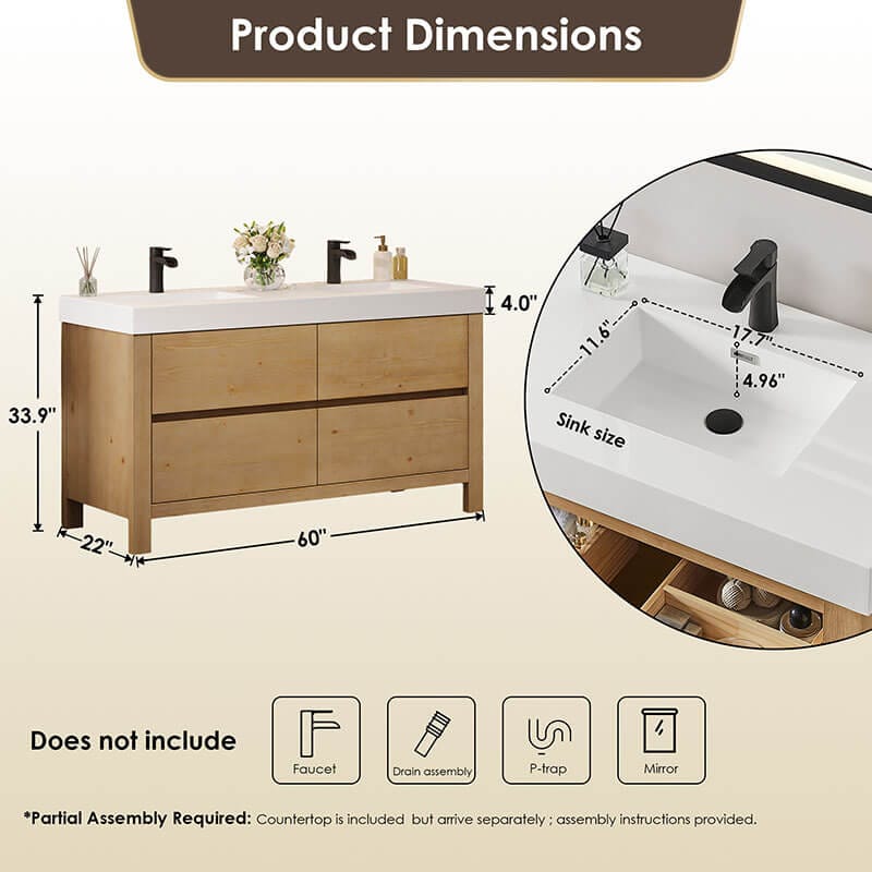 Cascadia 60 inch Double Bathroom Vanity with Top Weathered Fir Dimension