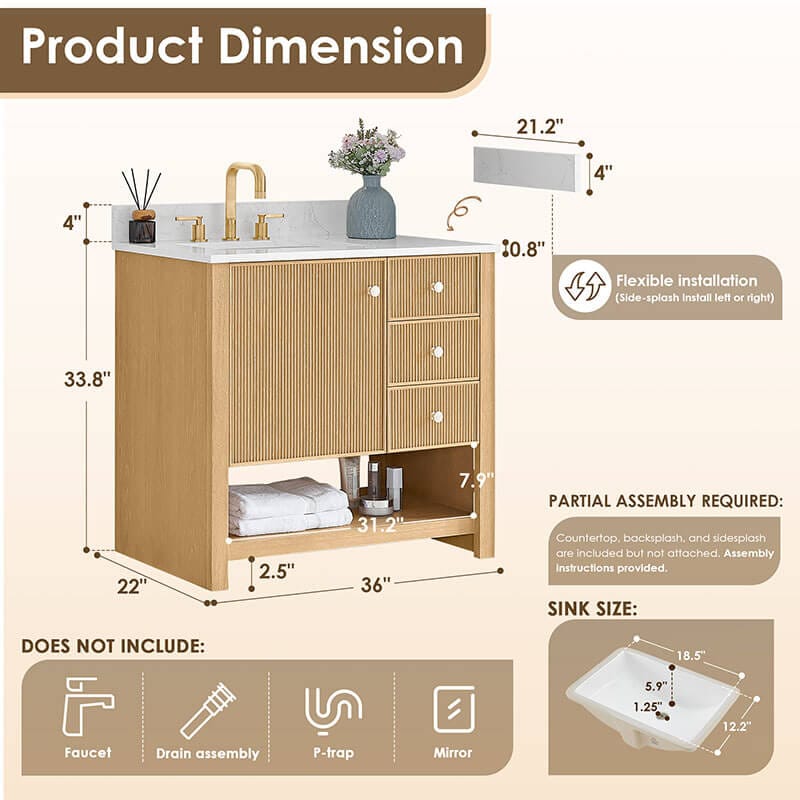 Cecil 36 inch Single Bathroom Vanity with Top White Oak Product Dimension