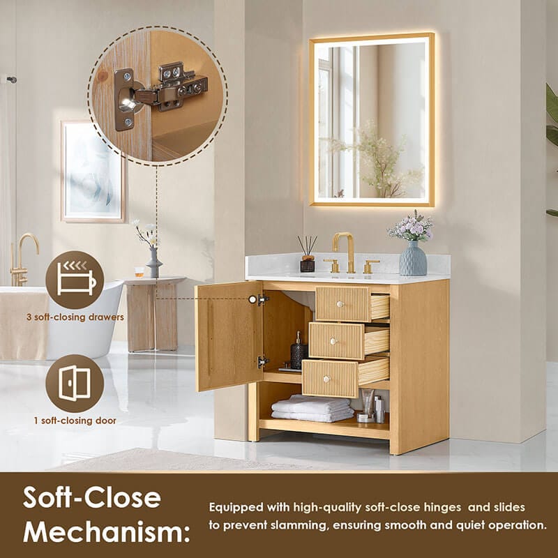 Cecil 36 inch Single Bathroom Vanity with Top White Oak Soft Close Drawer